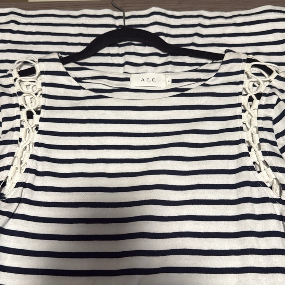 A.L.C. Navy Blue White Long Sleeve Chapman Striped Cotton Mini Dress Size Medium - Picture 3 of 5